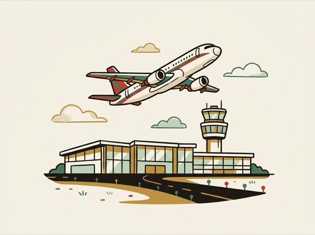 An airport with a plane taking off over the terminal
