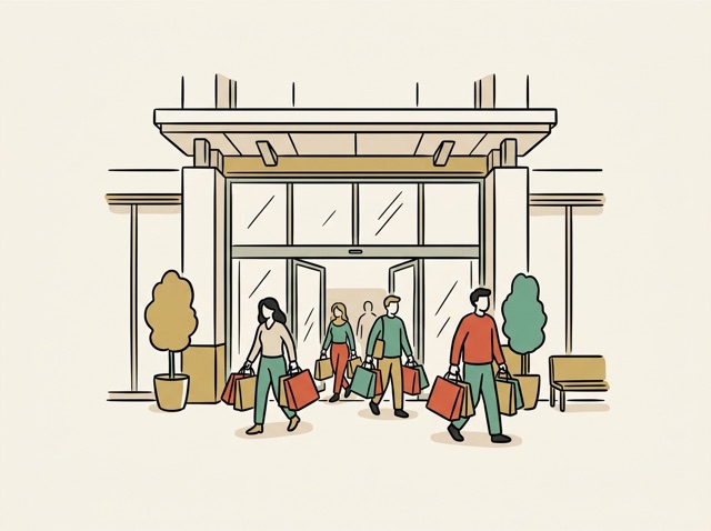 A big shopping mall entrance with glass doors and bags in shoppers' hands