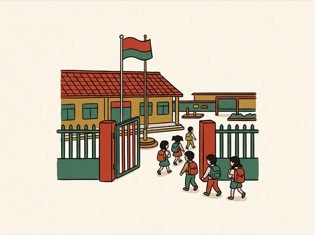 A school building with a flag and a gate, children walking in