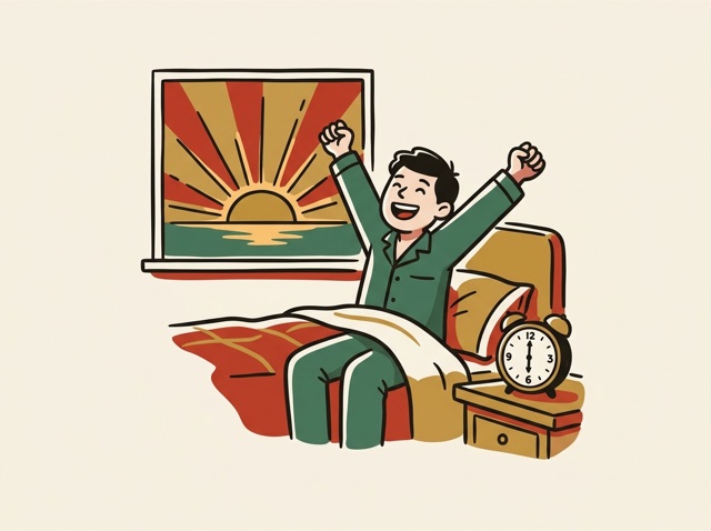 A person sitting up in bed stretching, an alarm clock showing six