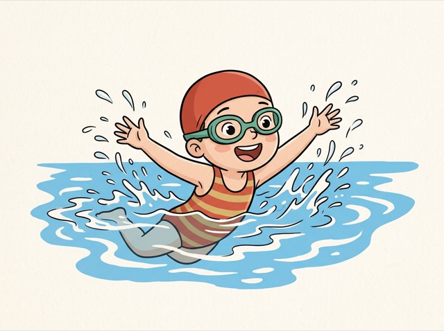 A child swimming happily in a pool with goggles