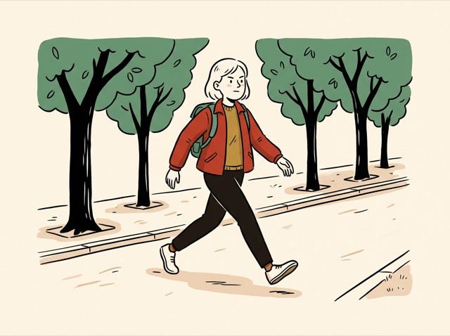 A person walking briskly along a tree-lined pavement