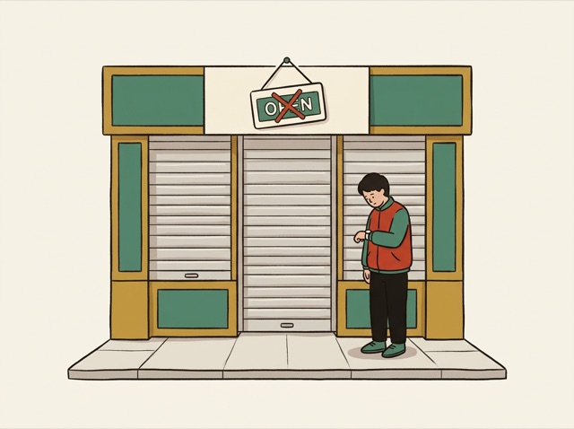 A shop door with a closed sign and shutters, someone waiting outside