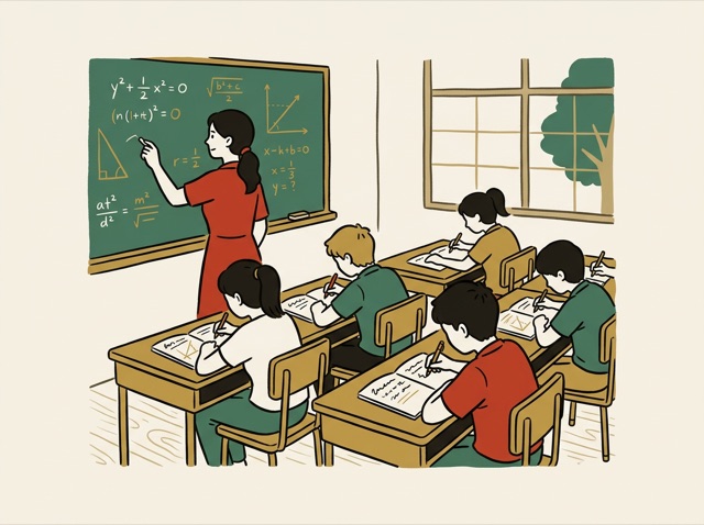 A classroom in session, teacher at the board, students writing