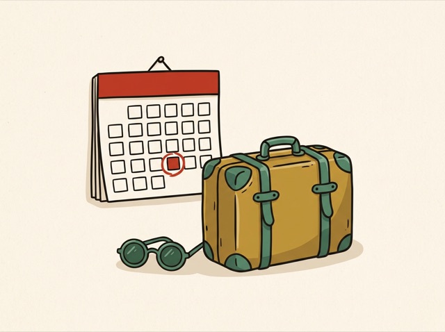 A wall calendar with a distant date circled in red, a suitcase beside it