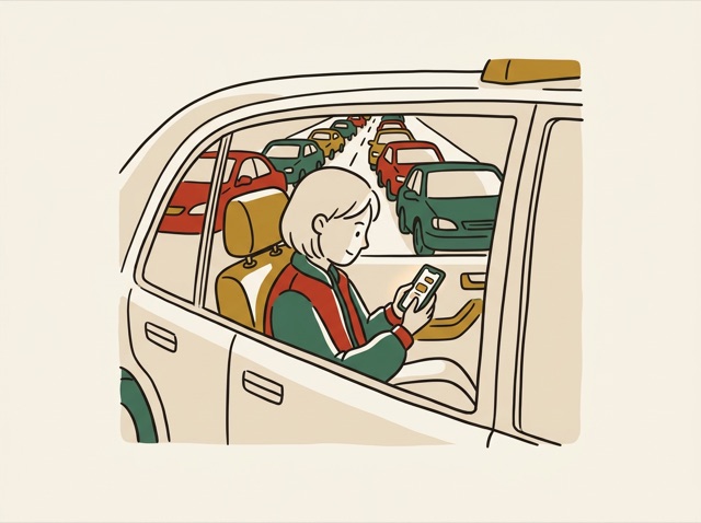A person in a taxi looking at their phone, traffic ahead
