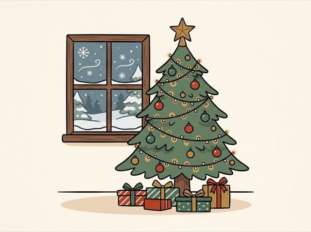 A decorated Christmas tree with lights and wrapped gifts