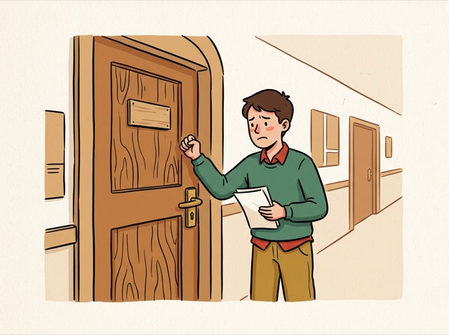 A headmaster's office door with a person knocking nervously