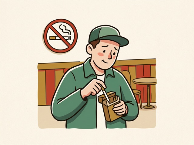A no-smoking sign crossed out cigarette, a person putting one away