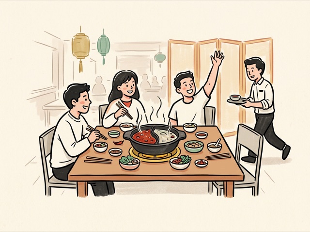 Friends around a bubbling hotpot, one raising a hand to pay