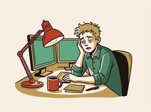 A tired office worker at a desk late at night, lamp on, screens glowing