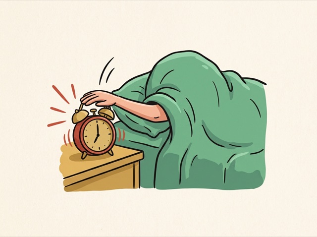A person hiding under a blanket, hand slapping an alarm clock