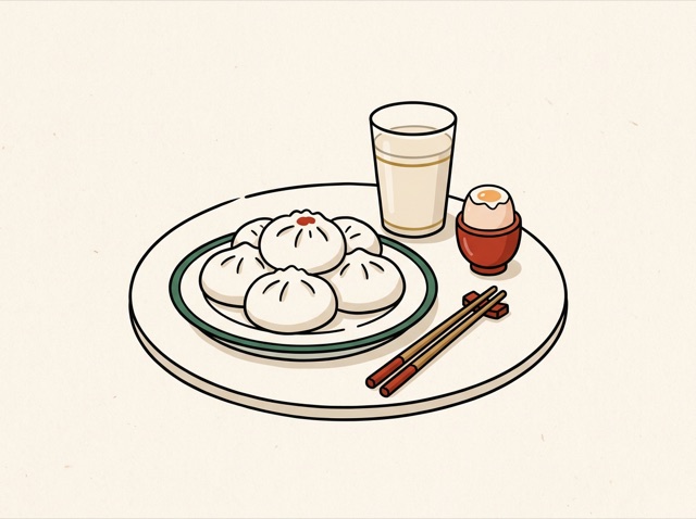 A breakfast table with steamed buns, soy milk and a boiled egg