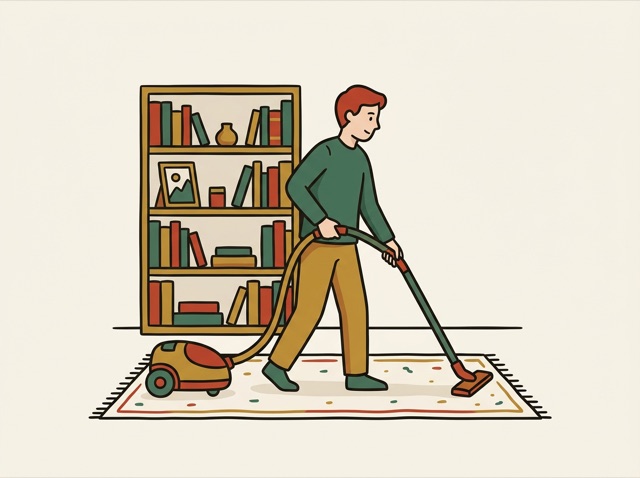 A person vacuuming a living-room rug