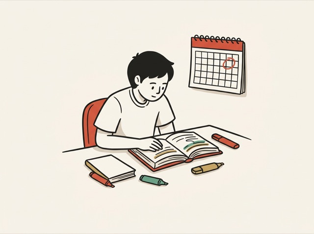 A student at a desk with textbooks and highlighters, a calendar circled