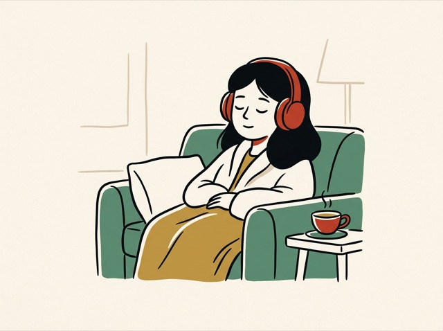 A person relaxing on a sofa with headphones on, eyes closed