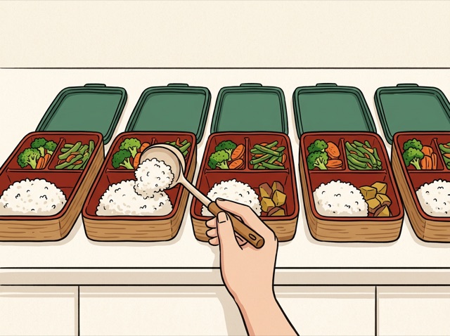 Meal-prep boxes being filled with rice and vegetables on a kitchen counter