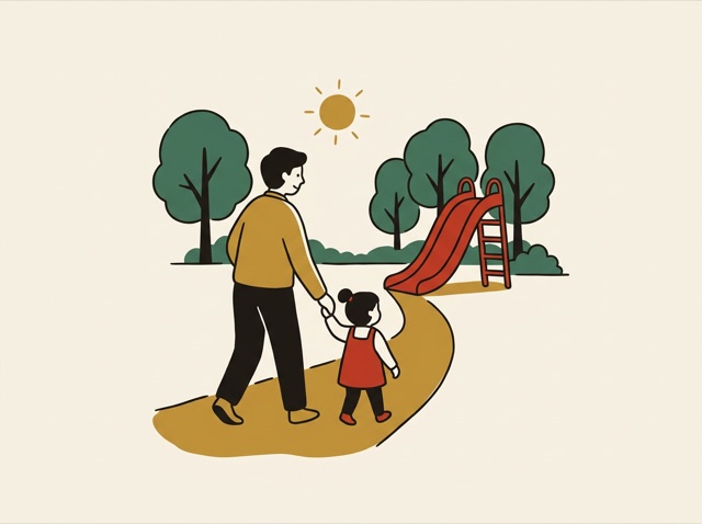 A parent and a small child walking into a sunny park with a slide