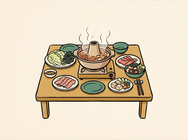 A steaming hotpot on a table set for two