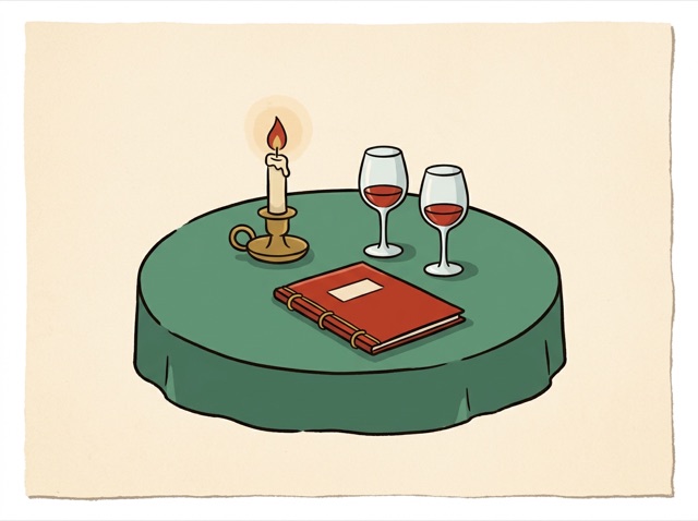 A Western restaurant table with a candle, wine glasses and a menu