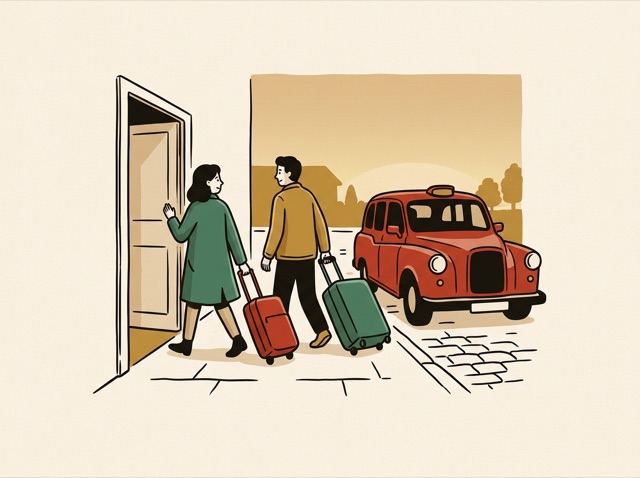 Travellers with suitcases setting off at dawn from a doorway