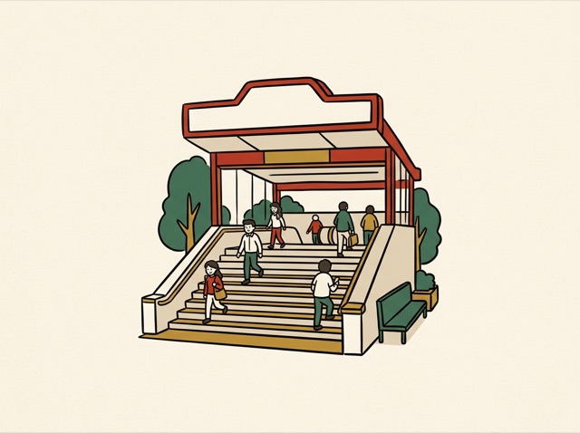 A metro station entrance with stairs going down