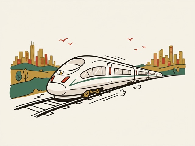 A high-speed train speeding between two city skylines