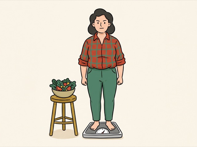 A person on a scale looking determined, a salad beside