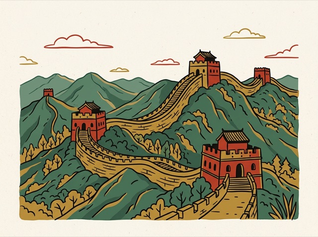 The Great Wall winding over green mountains