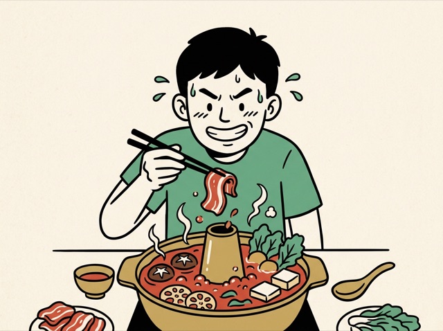 A first-timer sweating over a red hotpot, chopsticks raised