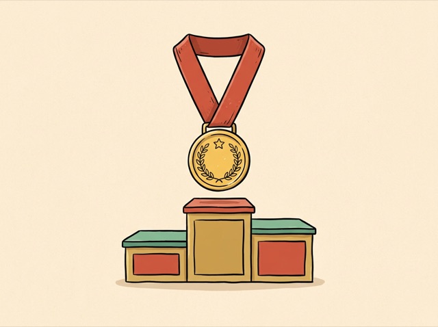 A gold medal on a red ribbon, a number-one podium