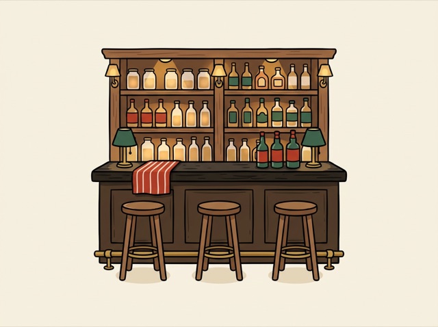 A cosy bar counter with stools and glowing bottles