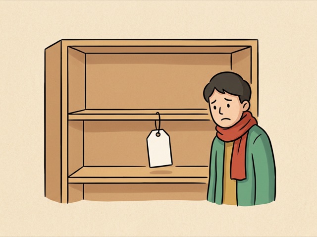 An empty shop shelf with a lone price tag hanging