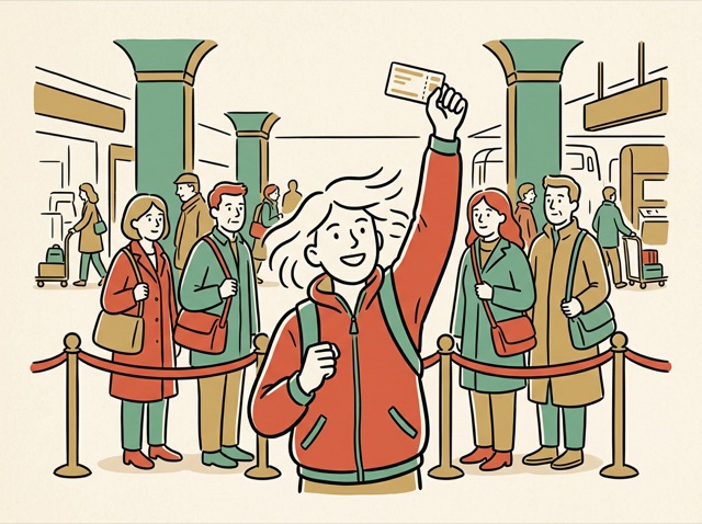 A person holding up a train ticket triumphantly at a station