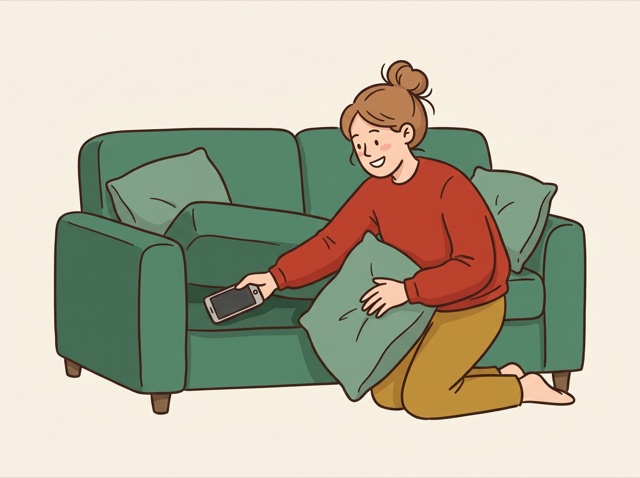 A person finding a phone under a sofa cushion, relieved
