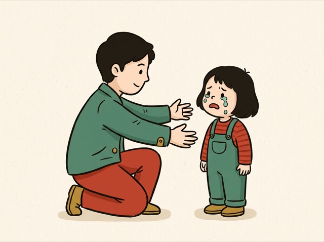 A small child crying with big tears, a parent kneeling to comfort