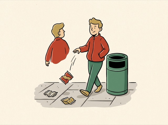A person dropping a wrapper on the ground next to an empty bin