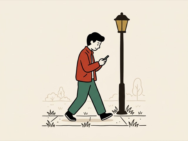 A person staring at a phone while walking, about to bump into a lamp post