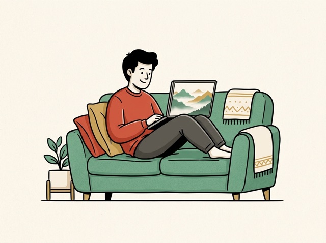 A person watching a film with Chinese-style scenery on a laptop
