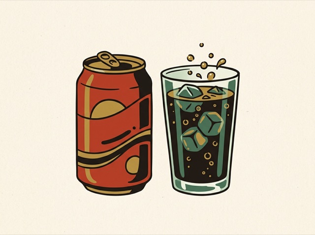 A can of cola with ice, fizzing