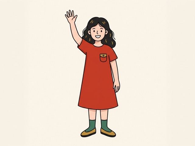 A young woman in a bright red dress waving