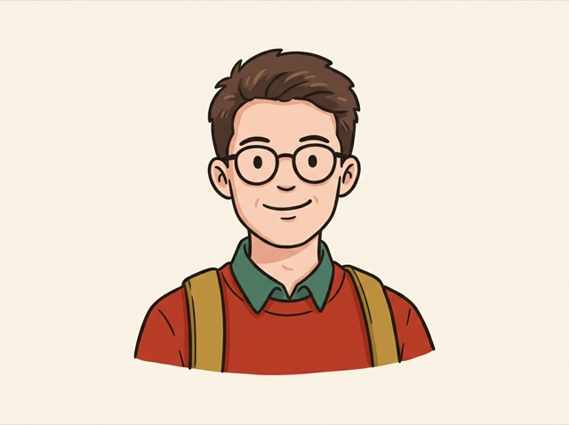 A young man wearing round glasses, smiling