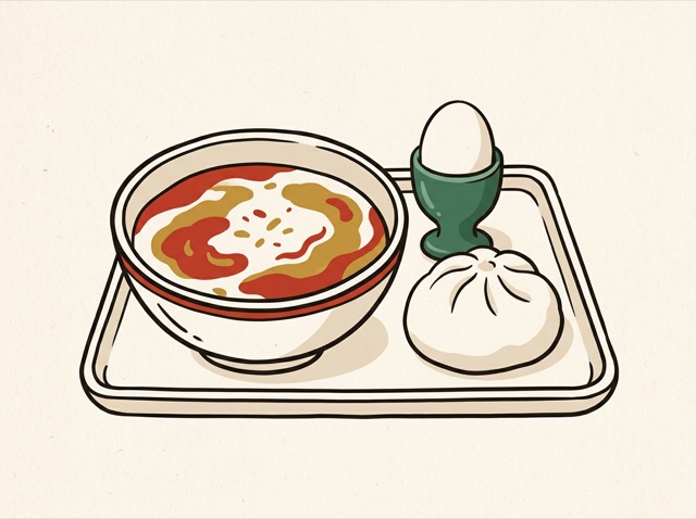 A home-made breakfast tray with congee, an egg and a steamed bun
