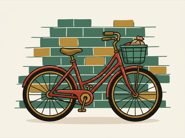 A new bicycle with a basket leaning against a wall
