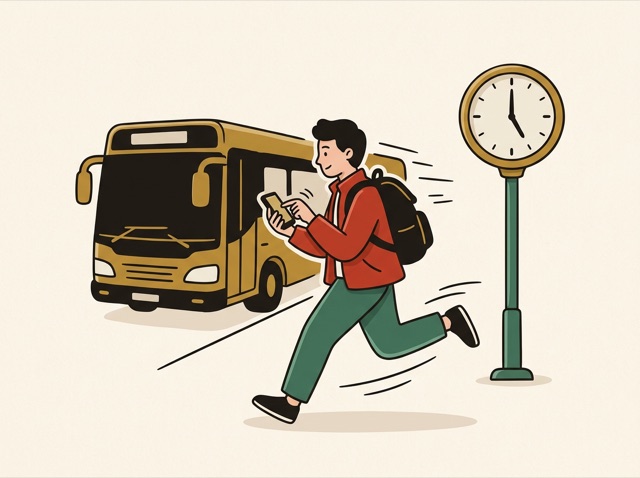 A person running for a bus while texting, clock showing five to the hour
