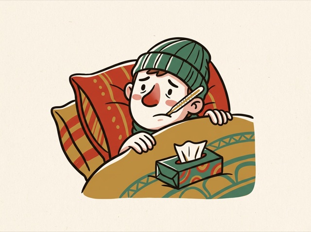 A person in bed with a thermometer, tissues and a red nose