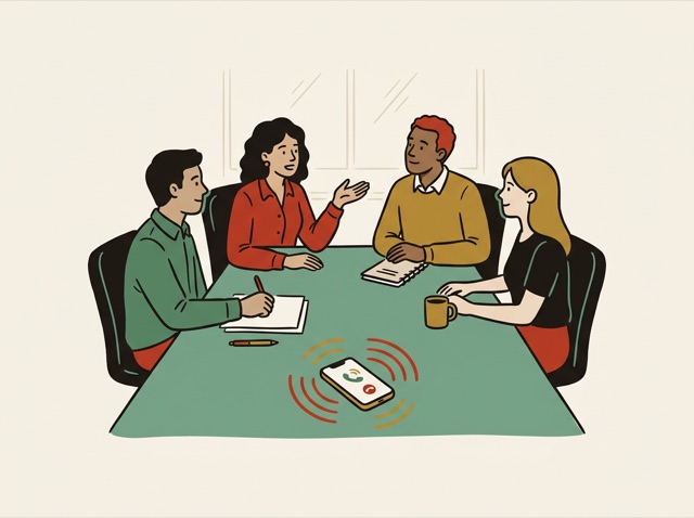 People around a conference table, a phone buzzing unanswered on the edge