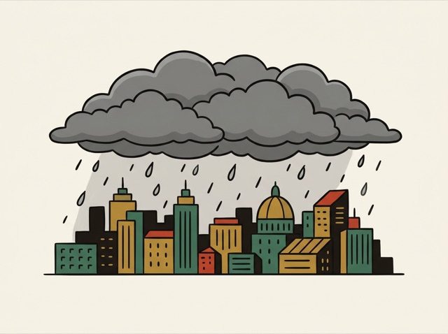 Dark clouds gathering over a city, first raindrops falling