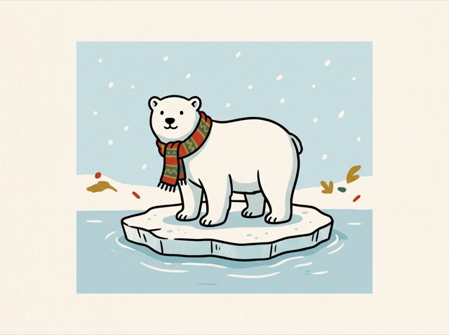 A polar bear on ice under a cold blue sky