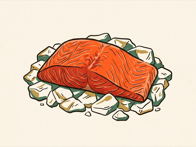 A bright orange salmon fillet on ice